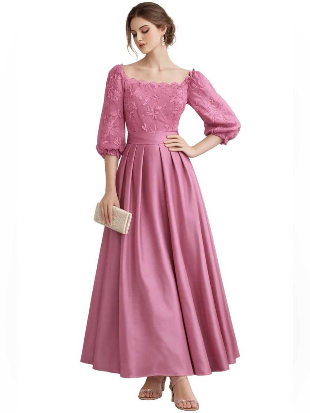 Vintage Mauve Embroidered Puff Sleeve Maxi Gown Romantic Formal Size S/M